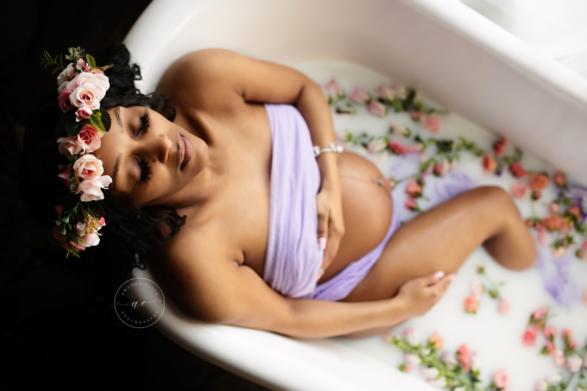 milk bath pregnancy with floral crown