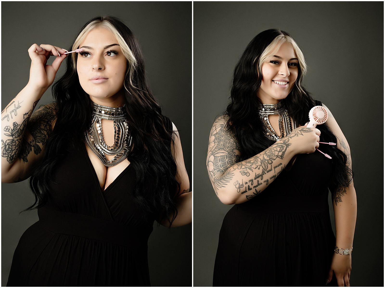 Image of a woman wearing a black dress holding cosmetic props | Professional Headshots by Amanda Ellis Photography