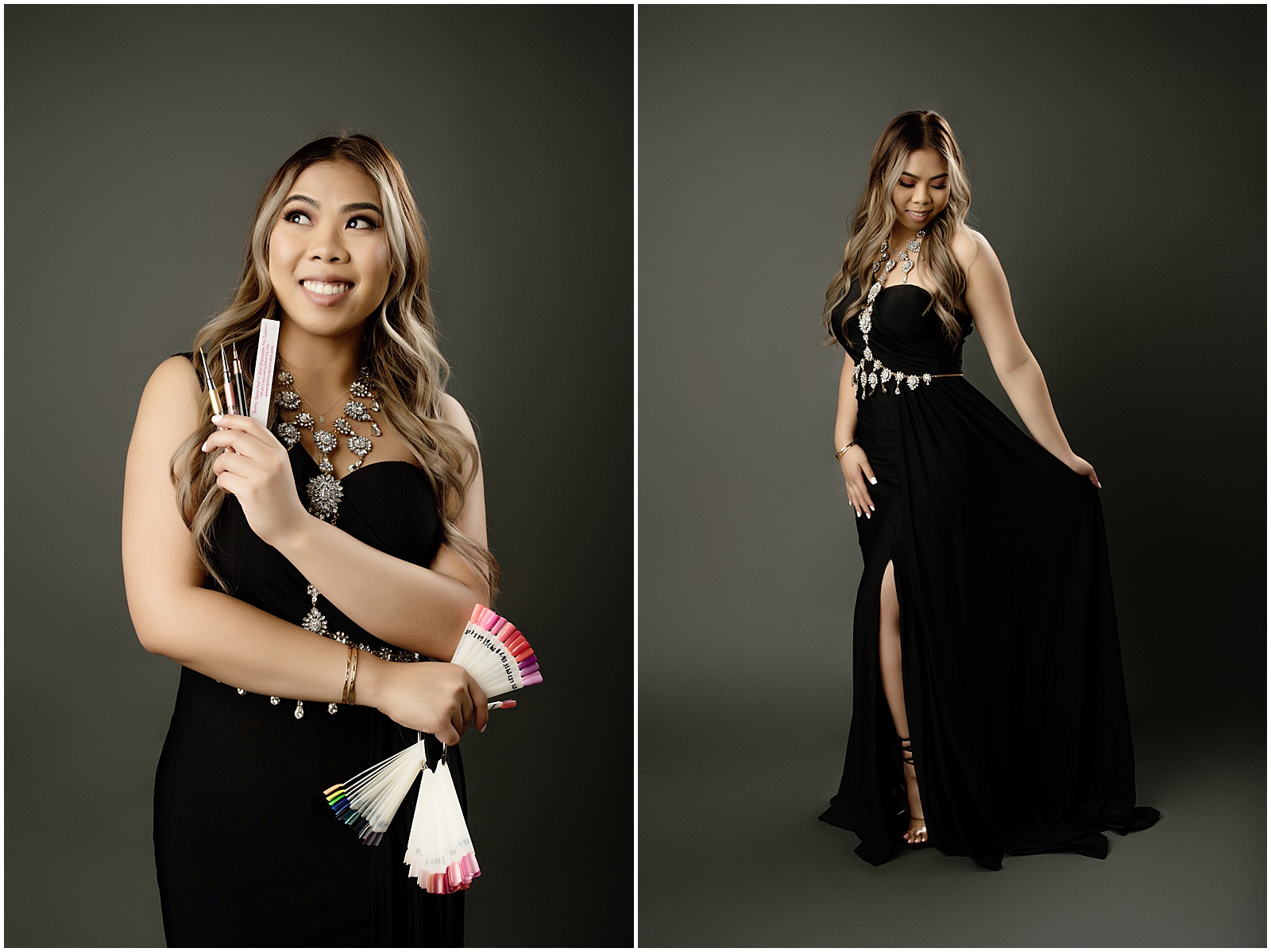 Image of a woman wearing a black dress while holding cosmetic props | Professional Headshots by Amanda Ellis Photography