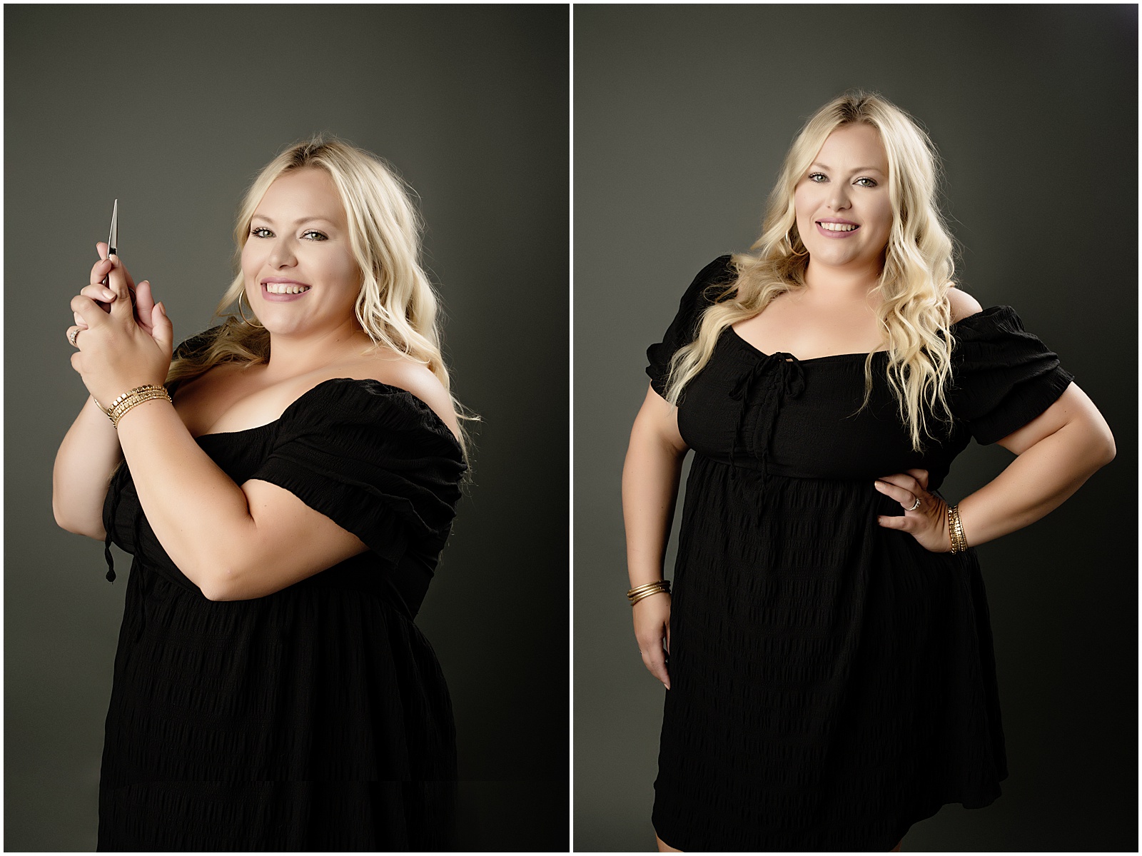 Image of a woman wearing a black dress while holding hair scissors | Professional Headshots by Amanda Ellis Photography