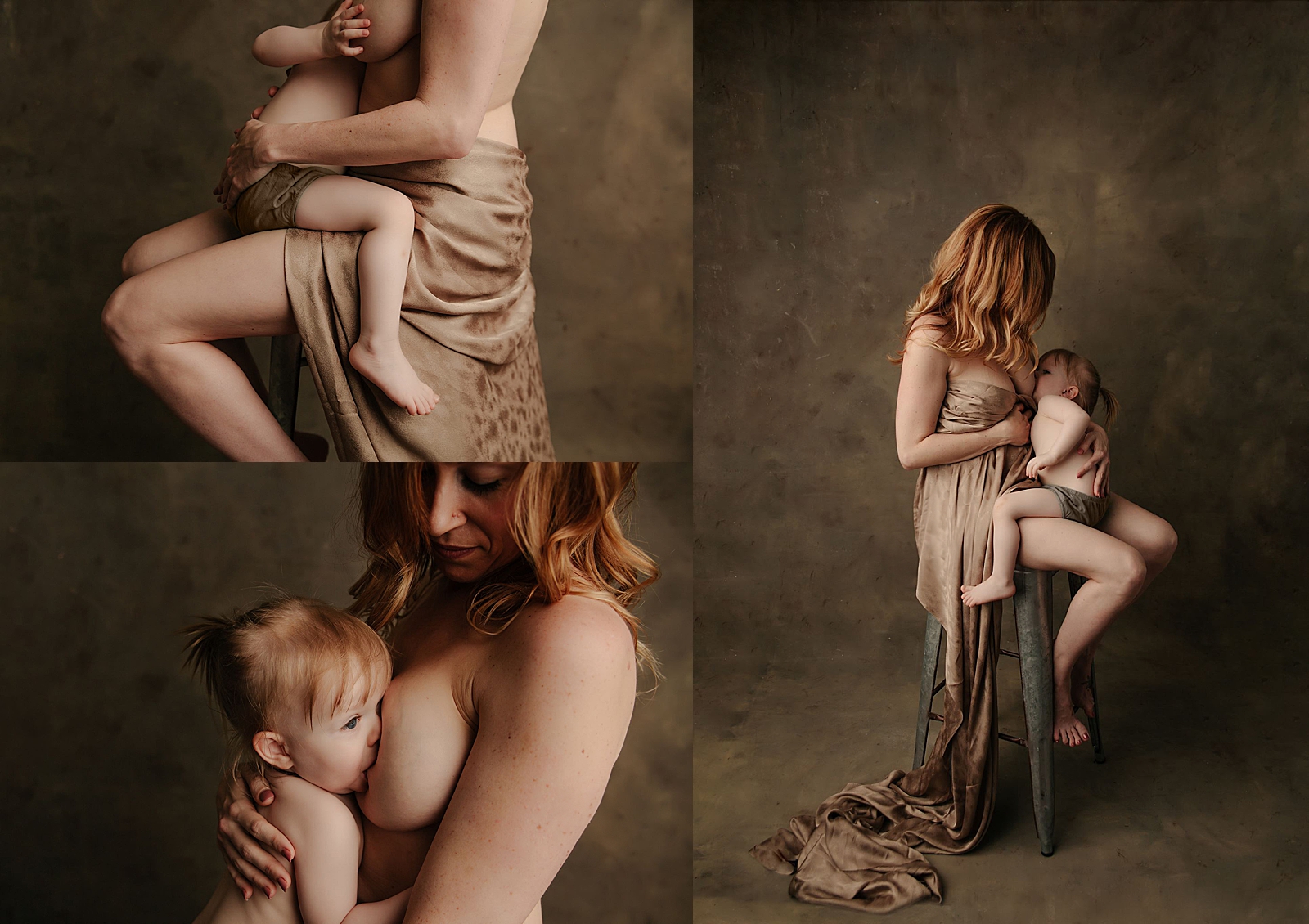 Collage of photographs featuring mother breastfeeding her red haired child